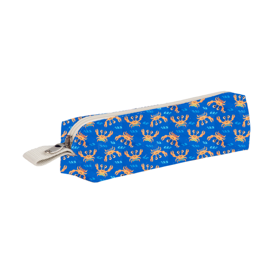 Blue pouch with crab pattern on a white background