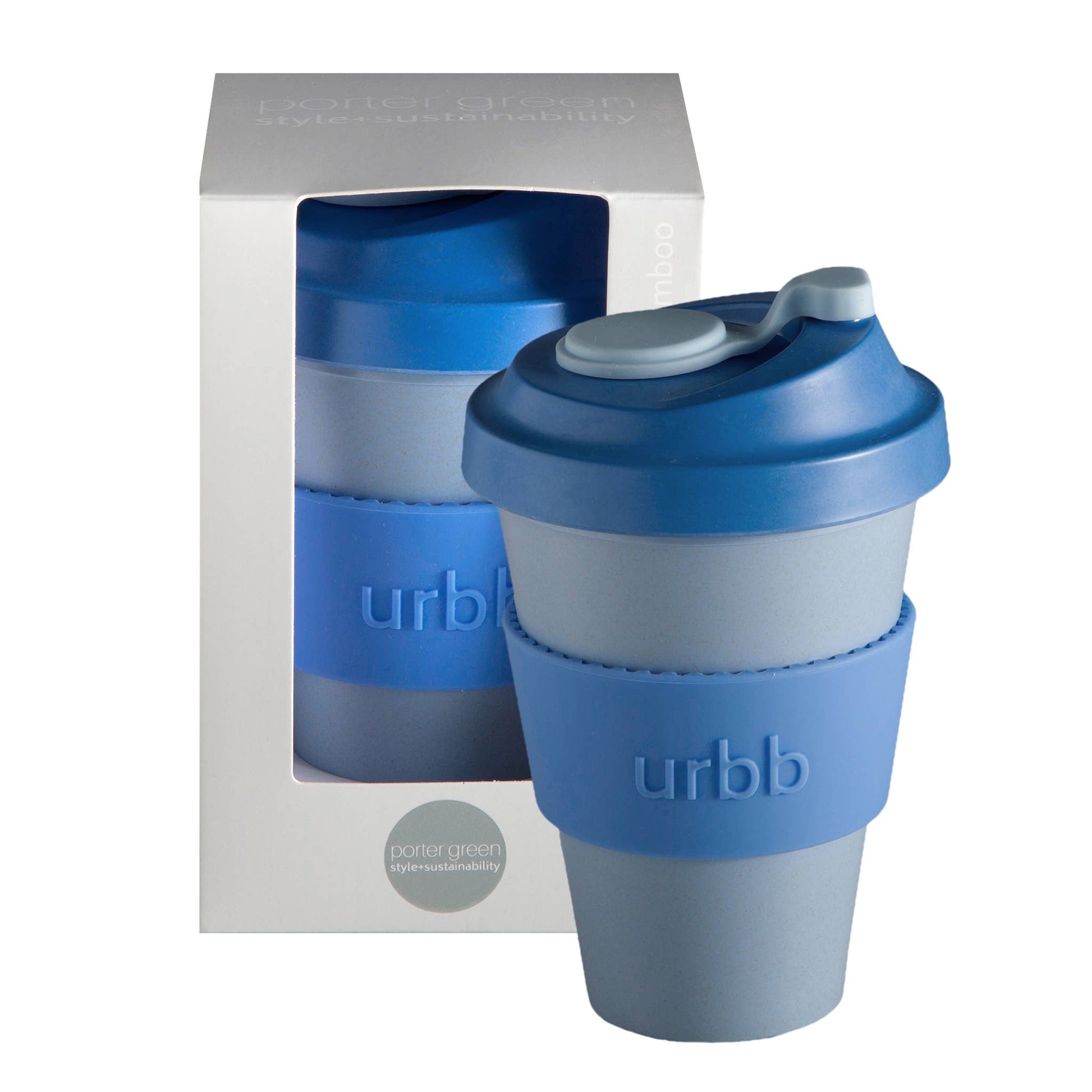Blue reusable cup with lid and packaging displaying 'urbbl' branding.