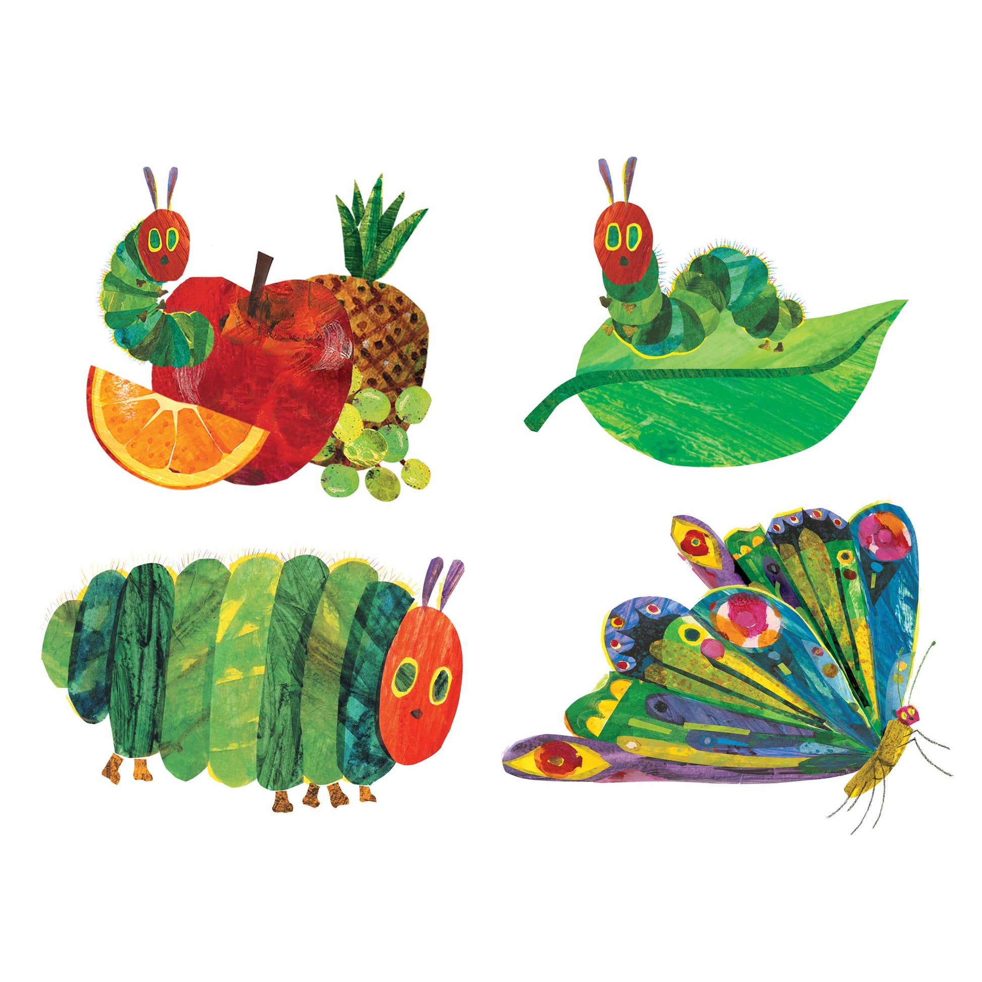 Illustrations of a caterpillar, butterfly, and fruits on a white background