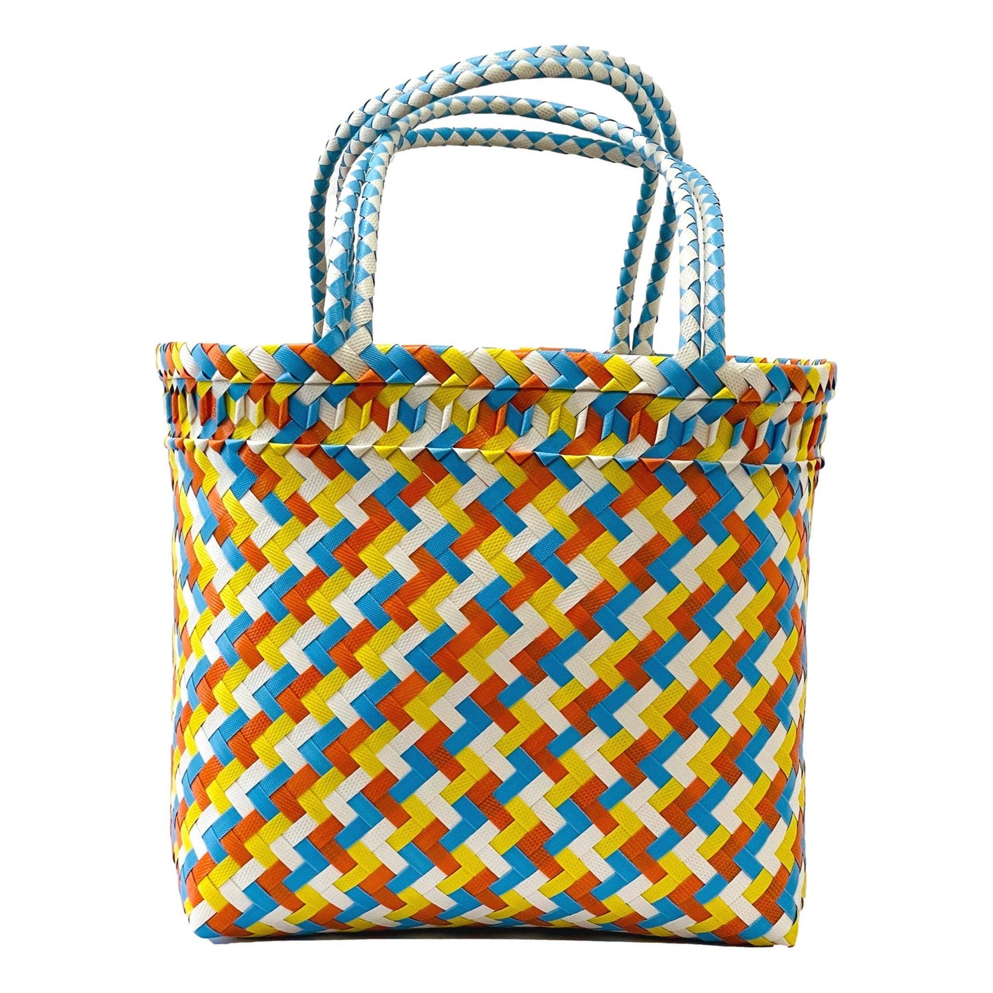 Colorful woven tote bag with a geometric pattern on a white background