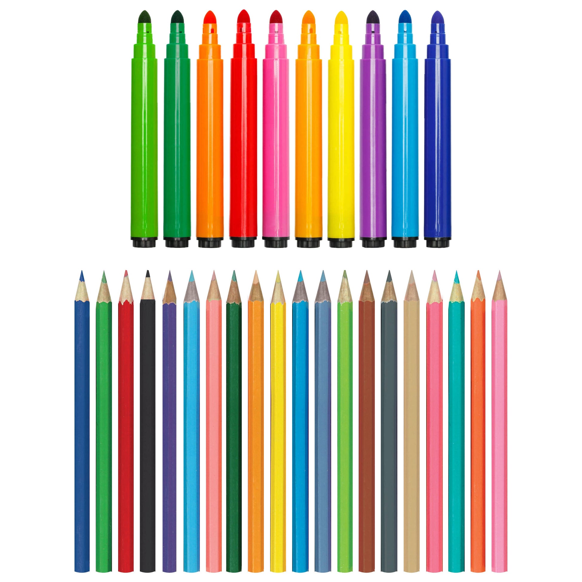 Set of colorful markers and pencils on a white background