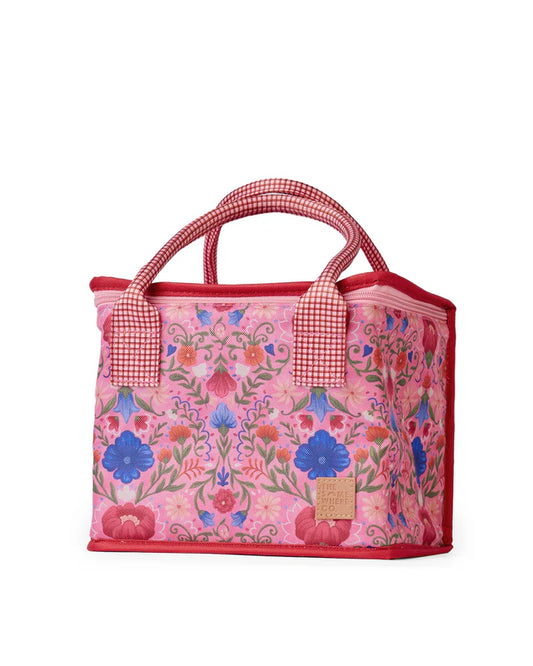 Floral-patterned handbag with checkered handles on a white background