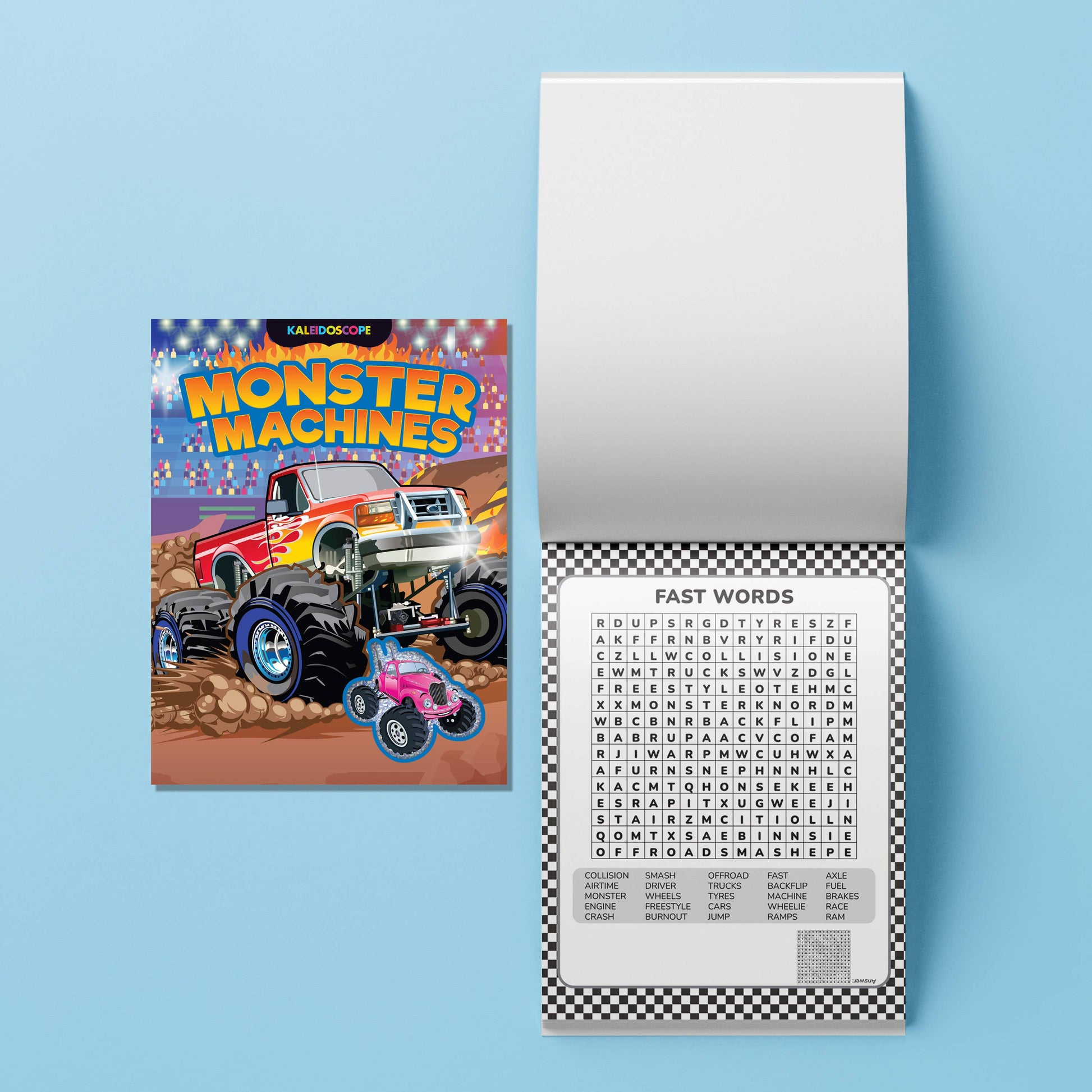 Children's book with monster truck illustration on a blue background