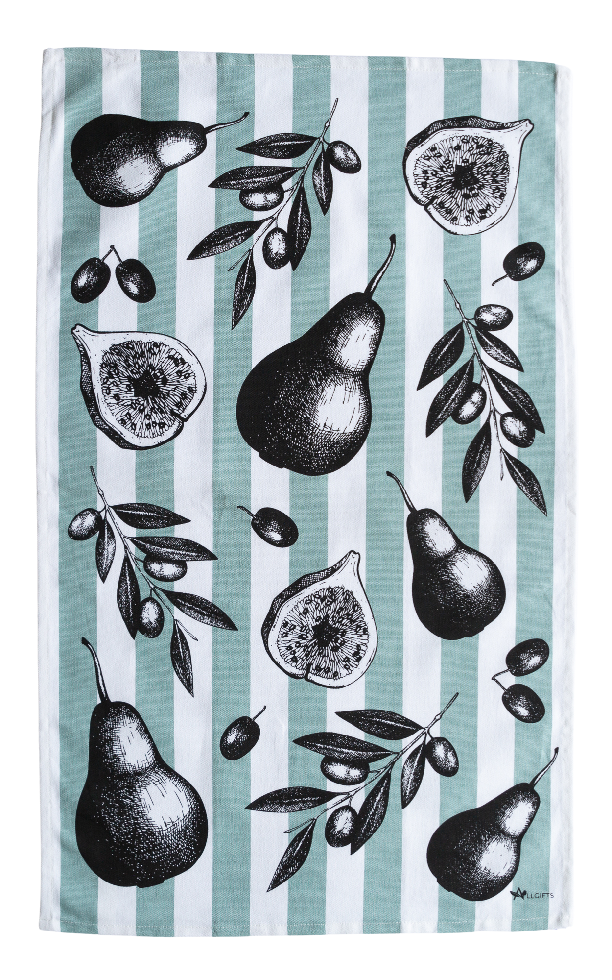 Tea towel with black illustrations of pears, figs, and olives on a striped background