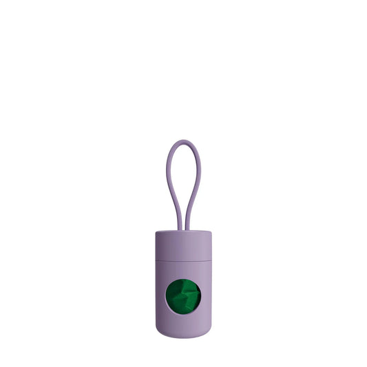 Purple container with a green button on a white background