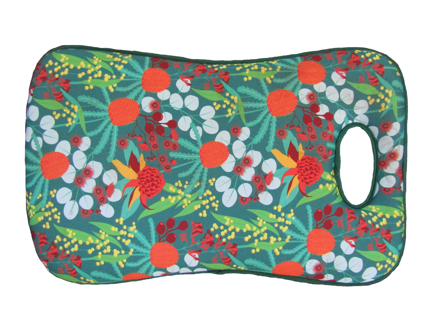 Colorful floral-patterned cushion on a white background