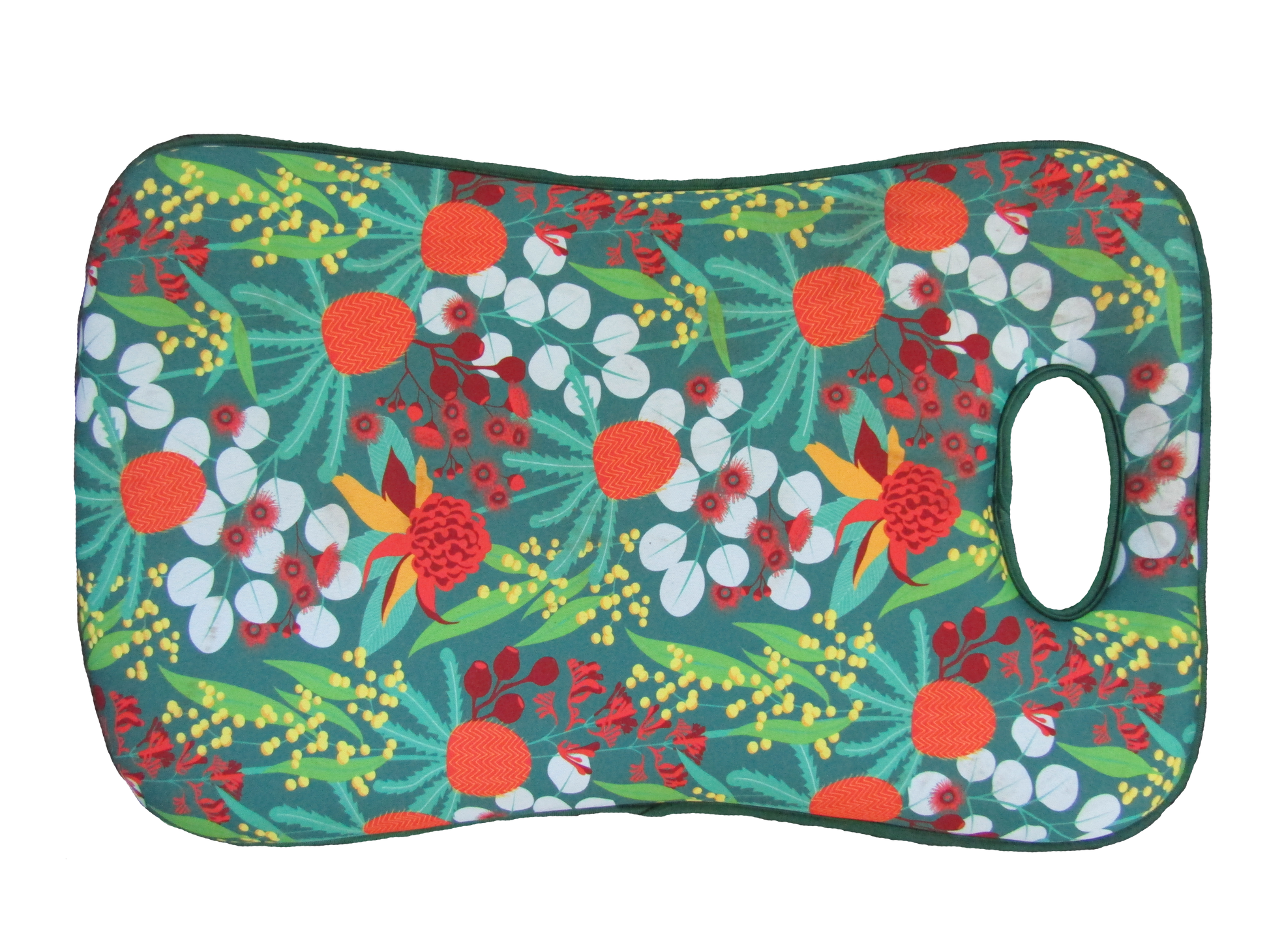 Colorful floral-patterned cushion on a white background