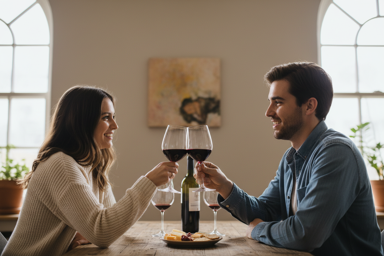Man and woman toasting with wine glasses in a cozy room.