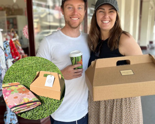 people with picnic box and circle photo with example box and picnic mat 