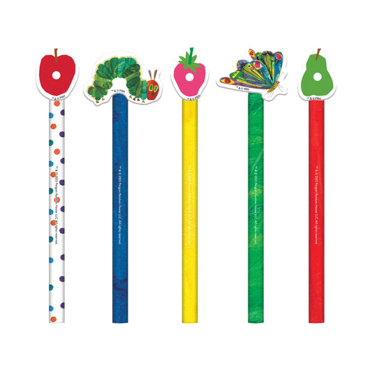 Set of colorful pencils with cartoon character ends on a white background