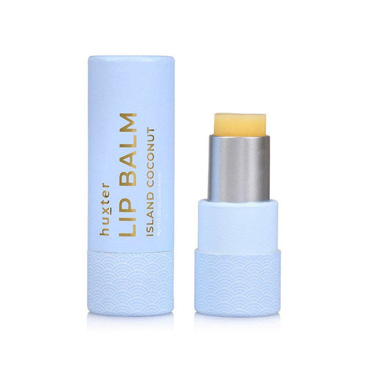 Lip balm with blue packaging on a white background