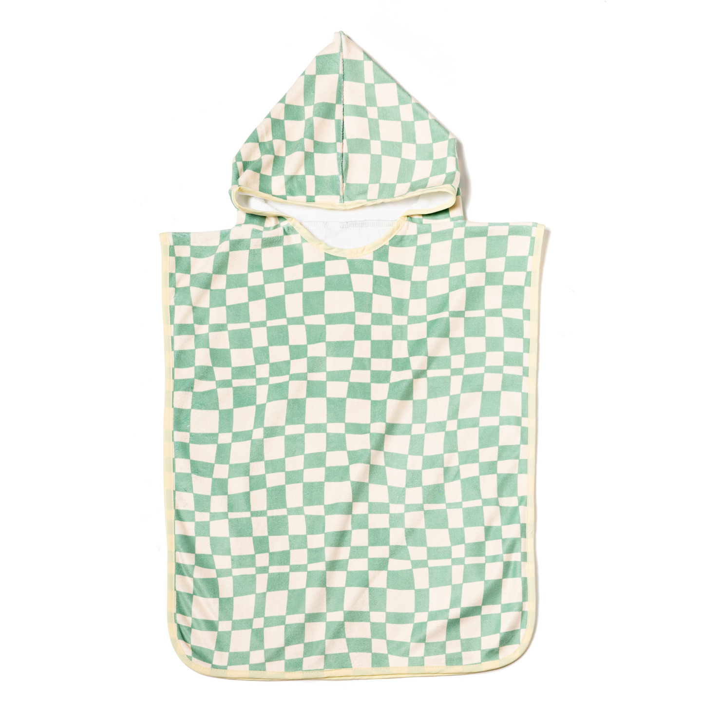 Checkered hooded poncho with green and white pattern on a white background
