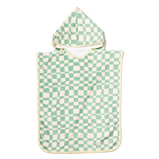 Checkered hooded poncho with green and white pattern on a white background