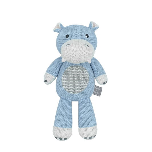 A knitted blue hippo toy with white and grey accents, featuring a soft rattle and embroidered details.