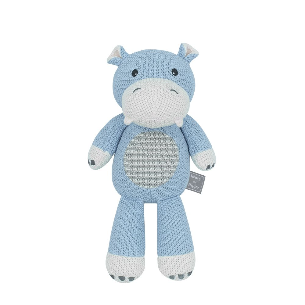 A knitted blue hippo toy with white and grey accents, featuring a soft rattle and embroidered details.