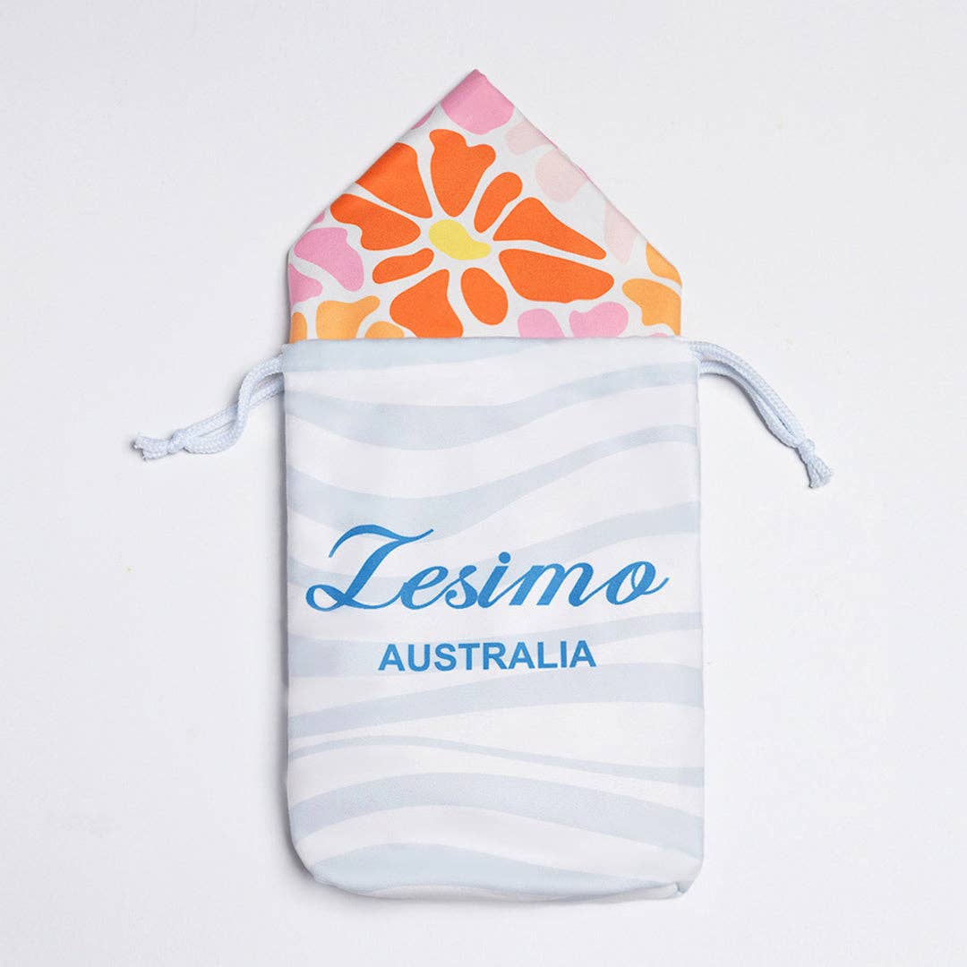 Lesimo Australia pouch with colorful floral design on a light gray background