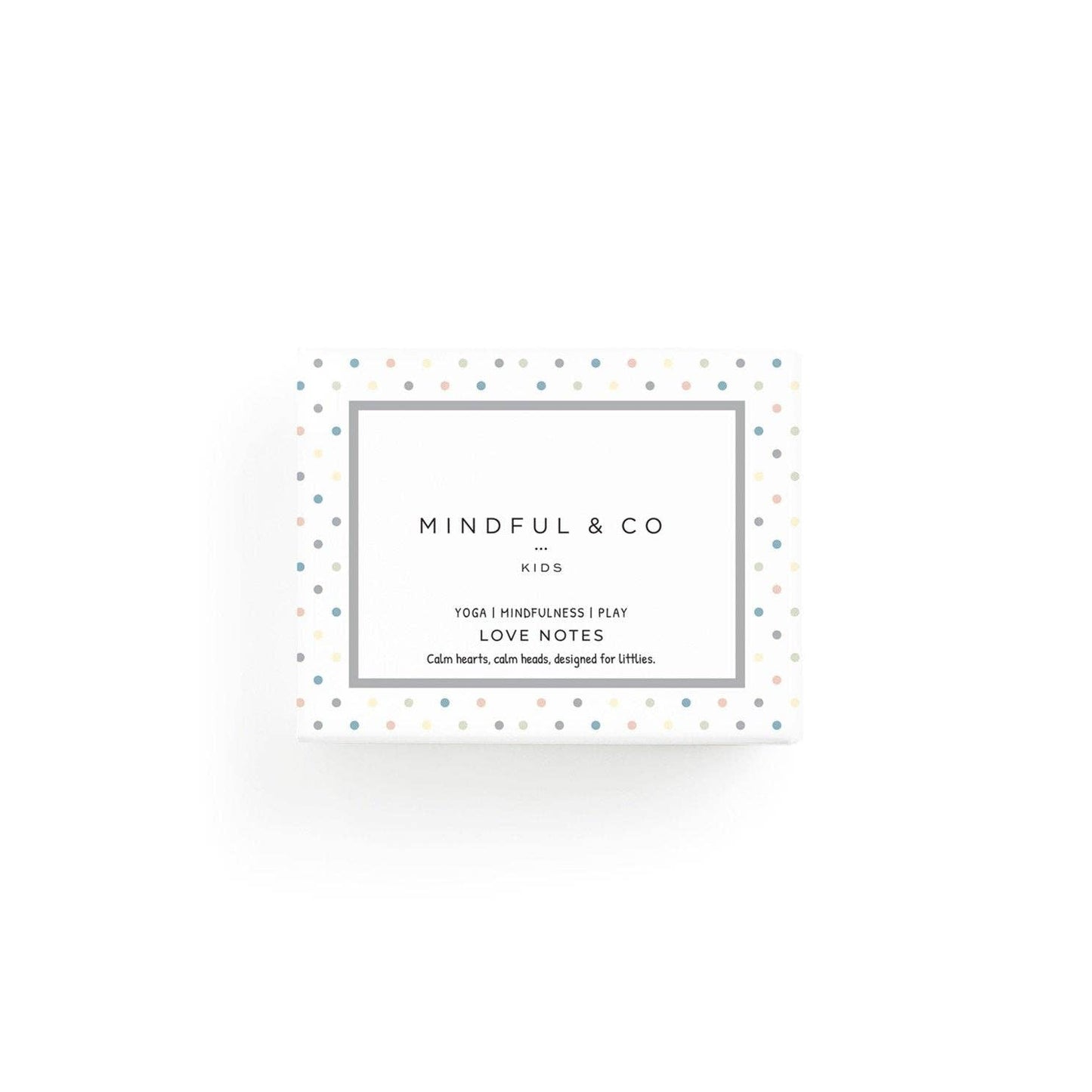 Packaging for 'Love Notes' by Mindful & Co, featuring a white box with pastel confetti and the product name in a simple font.