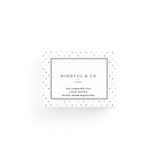 Packaging for 'Love Notes' by Mindful & Co, featuring a white box with pastel confetti and the product name in a simple font.