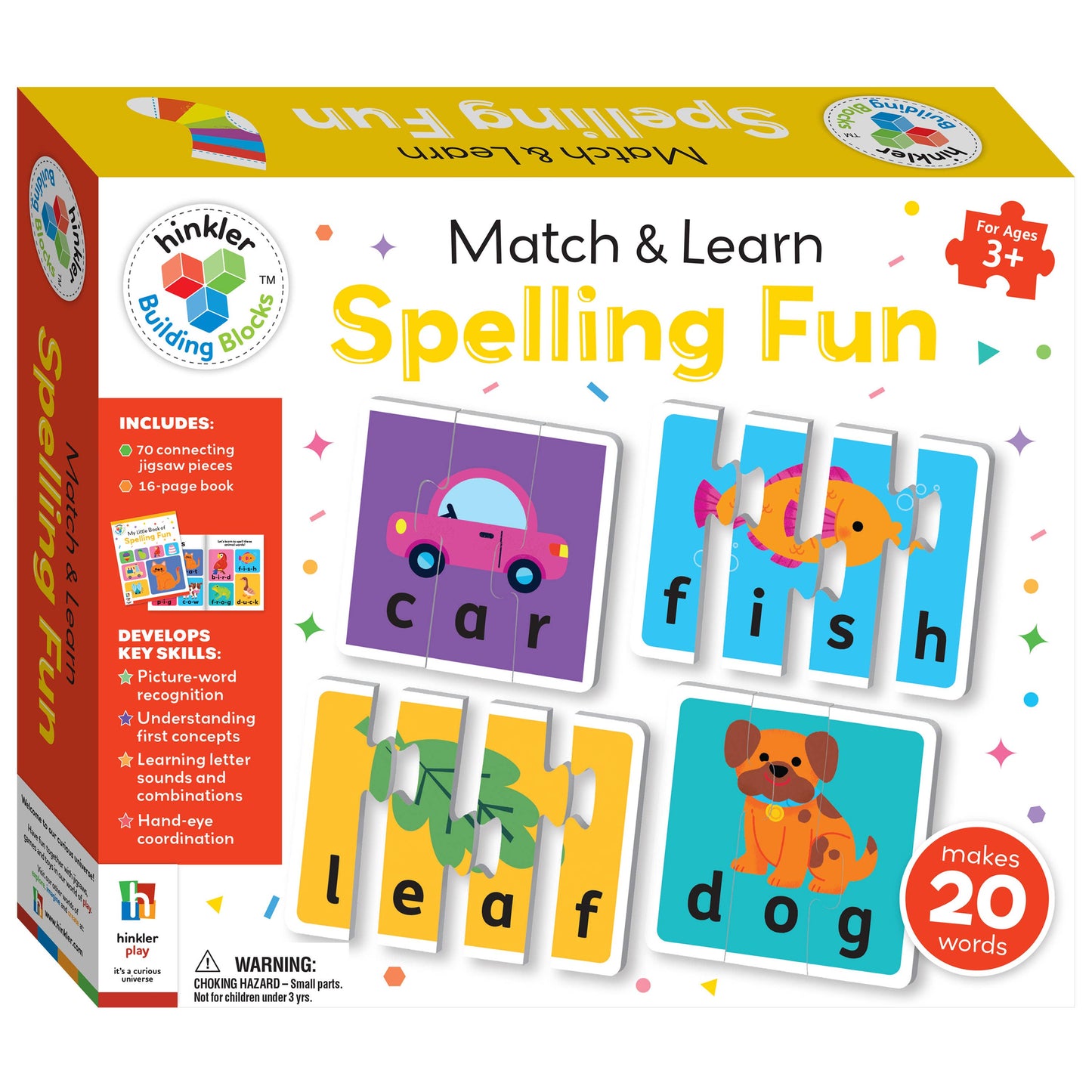 Spelling fun educational game with colorful pieces and text on a white background