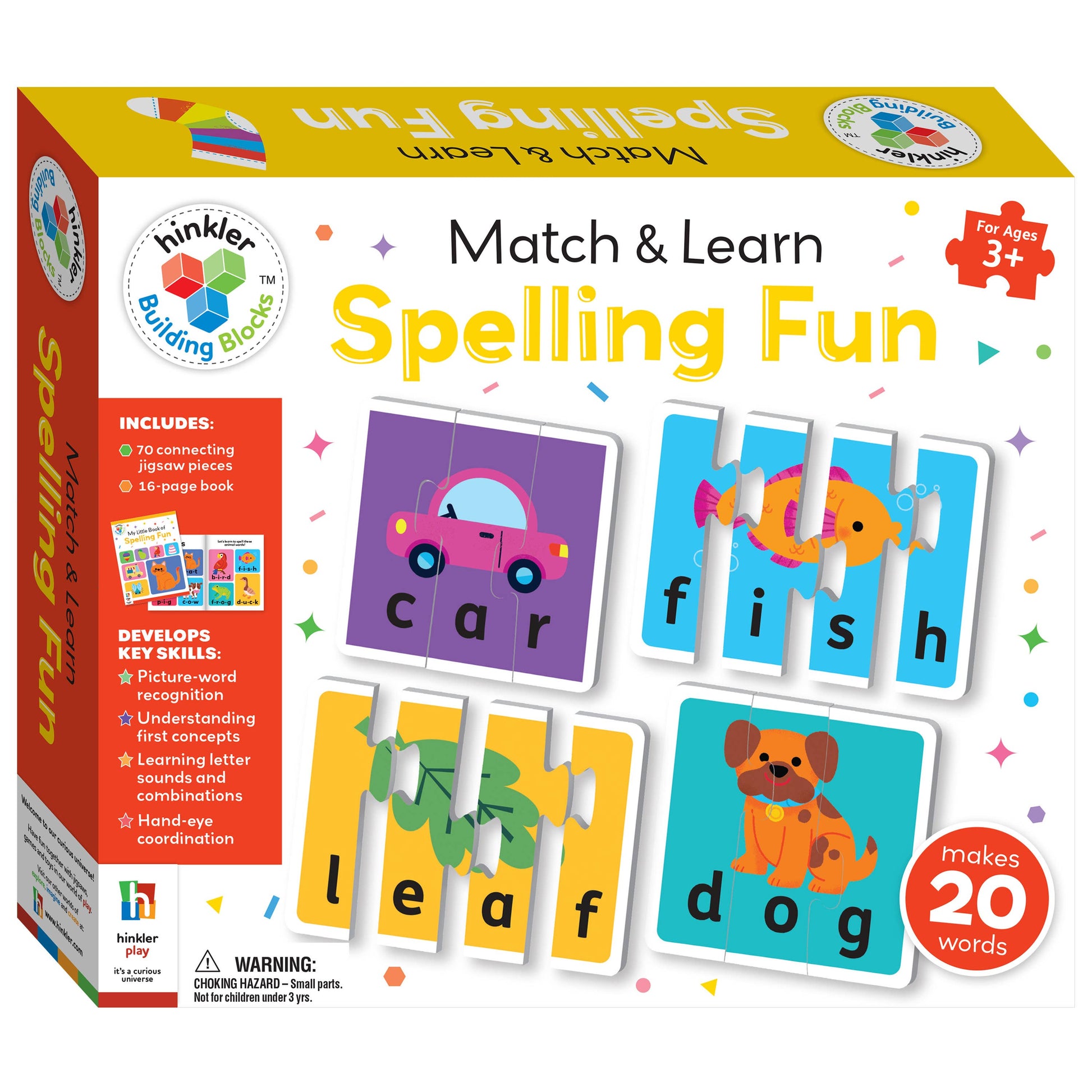 Spelling fun educational game with colorful pieces and text on a white background