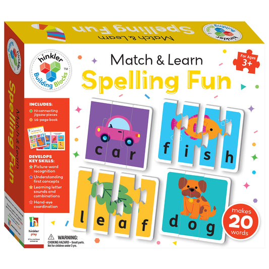 Spelling fun educational game with colorful pieces and text on a white background