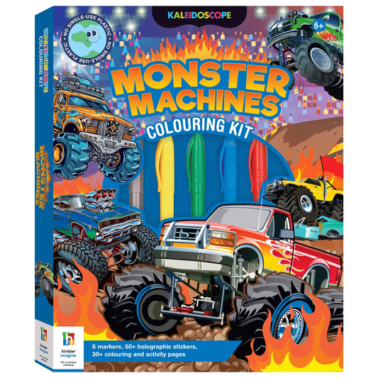 Monster Machines colouring kit packaging with colorful monster trucks and markers on a blue background