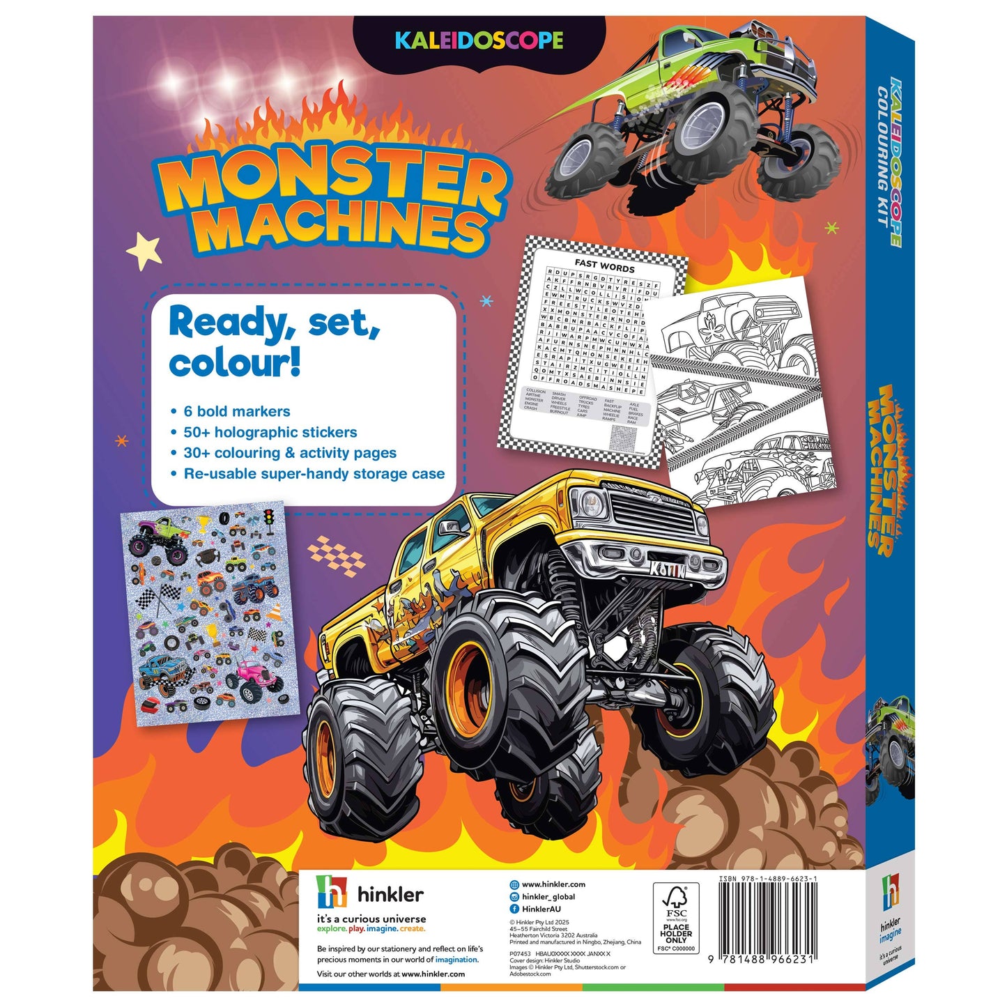 Monster Machines coloring set packaging with two monster trucks on a fiery background