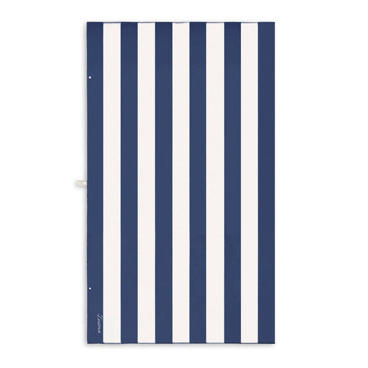 Navy and white striped towel on a white background