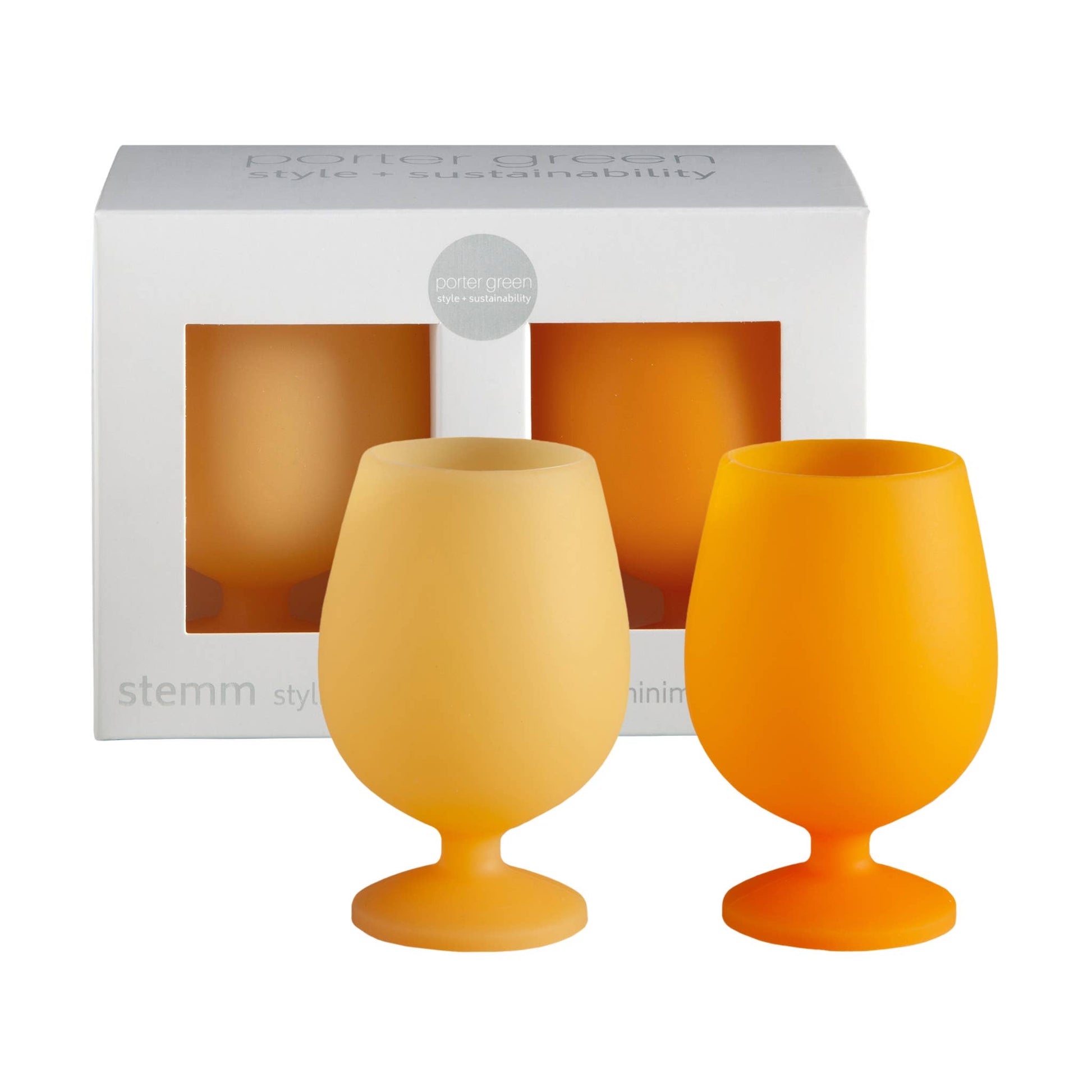 Two sunny wine glasses in front of a white box with a window displaying the glasses.