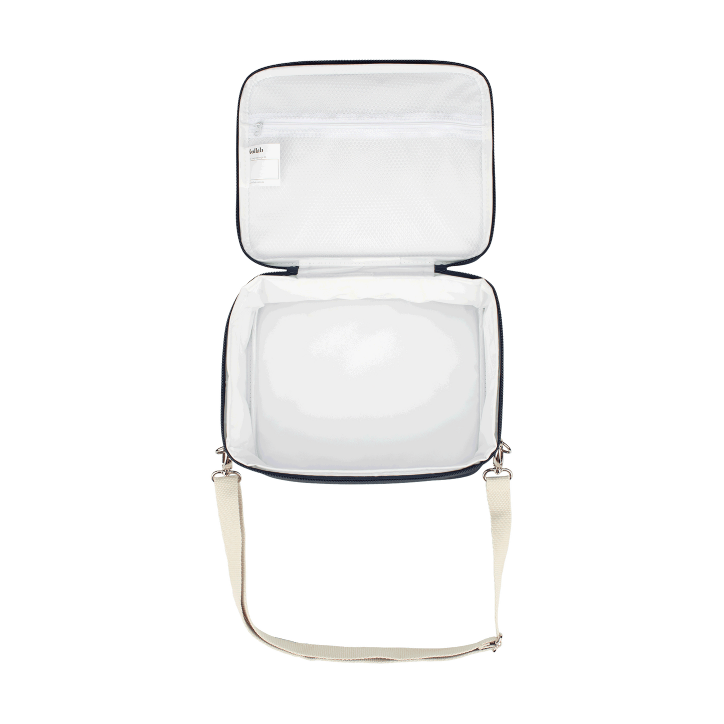 Clear travel bag with a beige strap on a white background