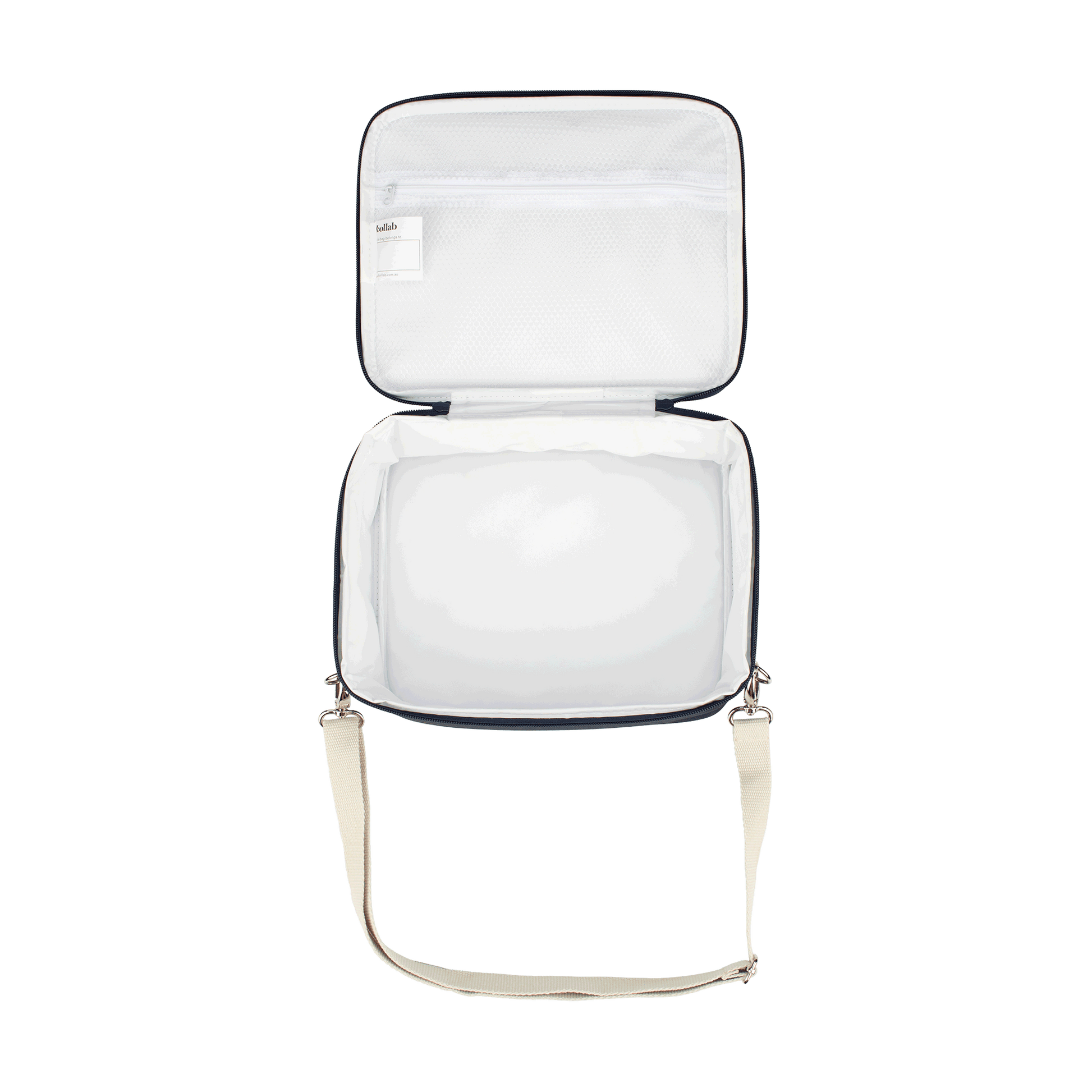 Clear travel bag with a beige strap on a white background