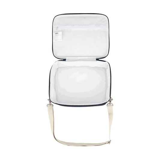 Clear travel bag with a beige strap on a white background