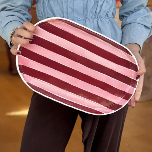 Oval Platter - Pink & Burgundy Stripes