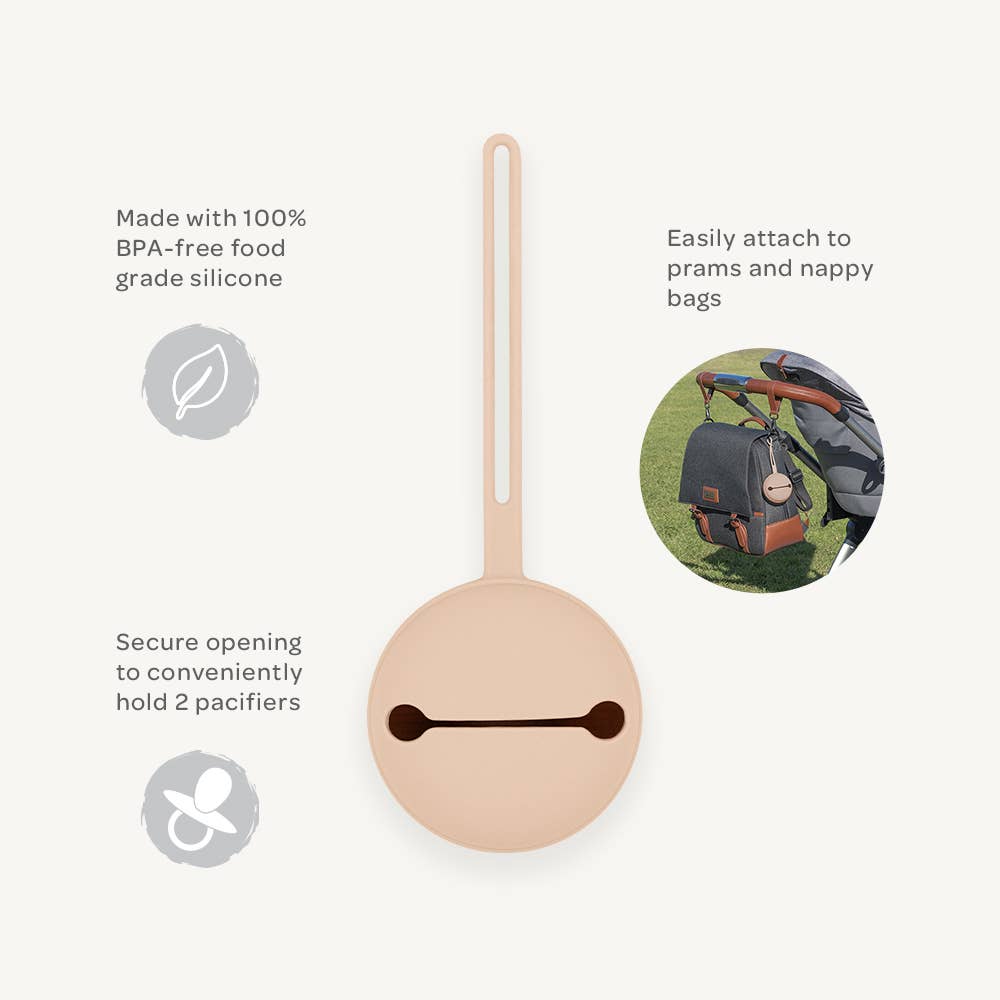 Baby pacifier holder with features highlighted on a white background