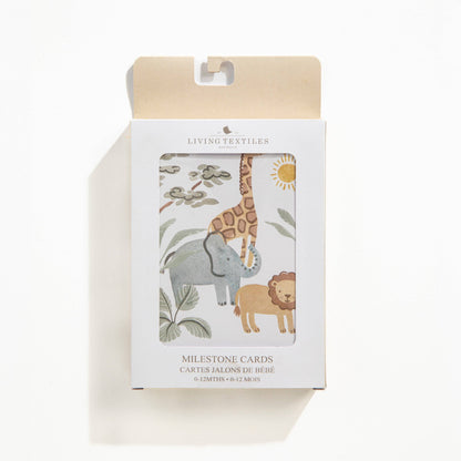 Packaging of milestone cards with animal illustrations on a white background