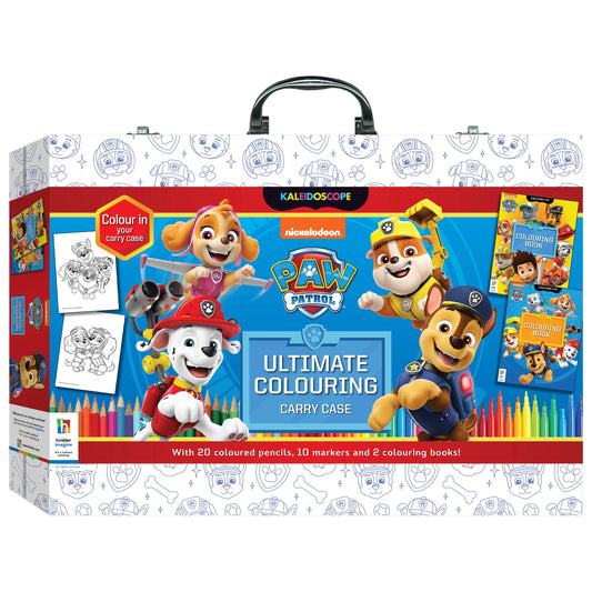 Paw Patrol Ultimate Colouring Carry Case packaging with characters and stationery items on a white background.