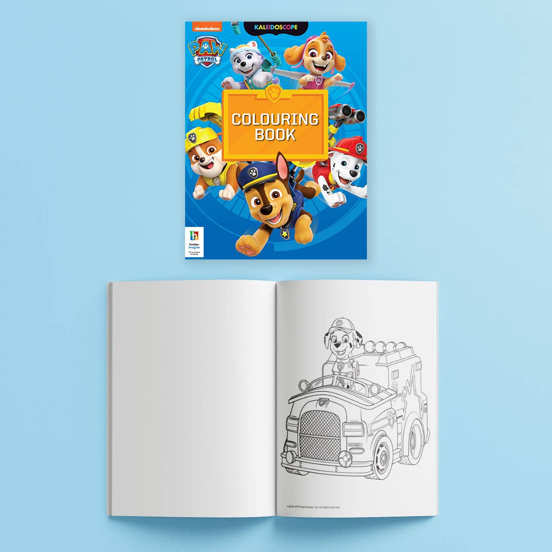 Paw Patrol coloring book with open pages on a blue background