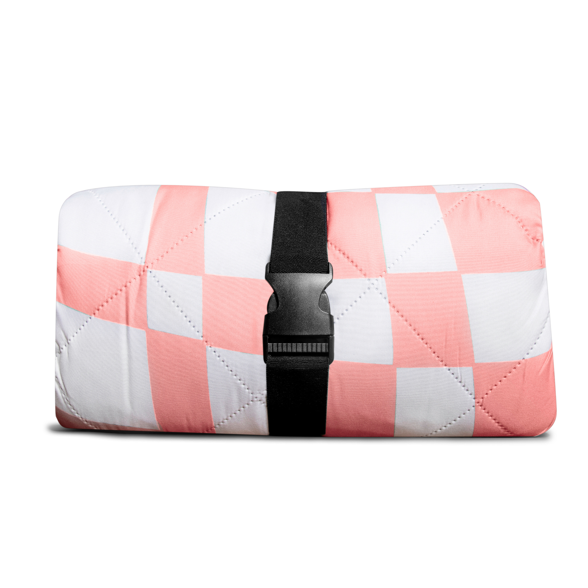 Quilted wallet with pink and white checkered pattern and black buckle on a white background