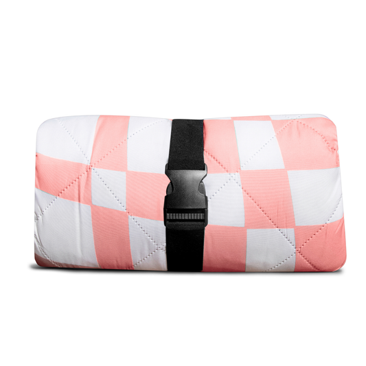 Quilted wallet with pink and white checkered pattern and black buckle on a white background