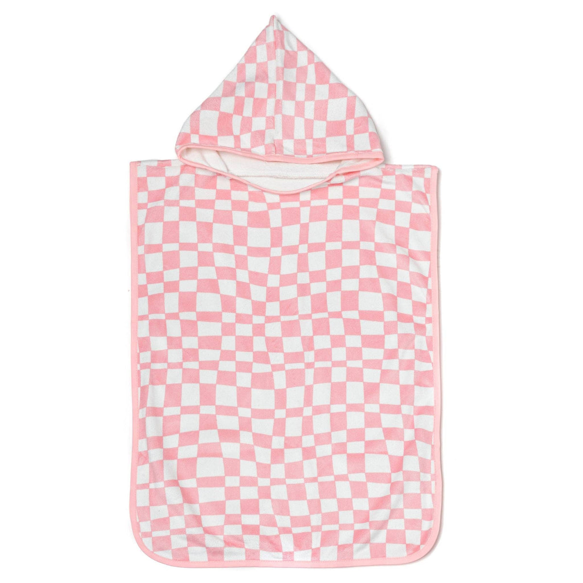 Pink and white checkered hooded towel on a white background
