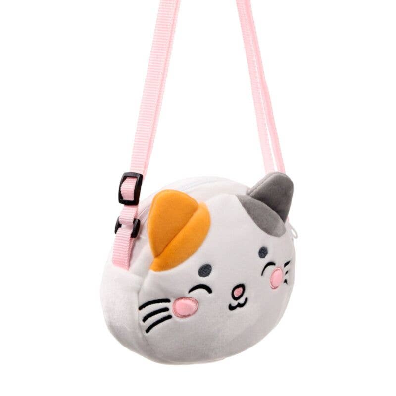Plush cat-shaped bag with a pink strap on a white background