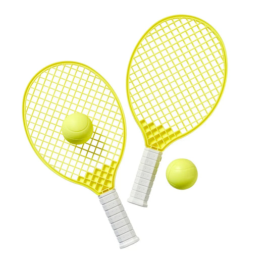 Two yellow tennis rackets with white handles and two yellow balls on a white background