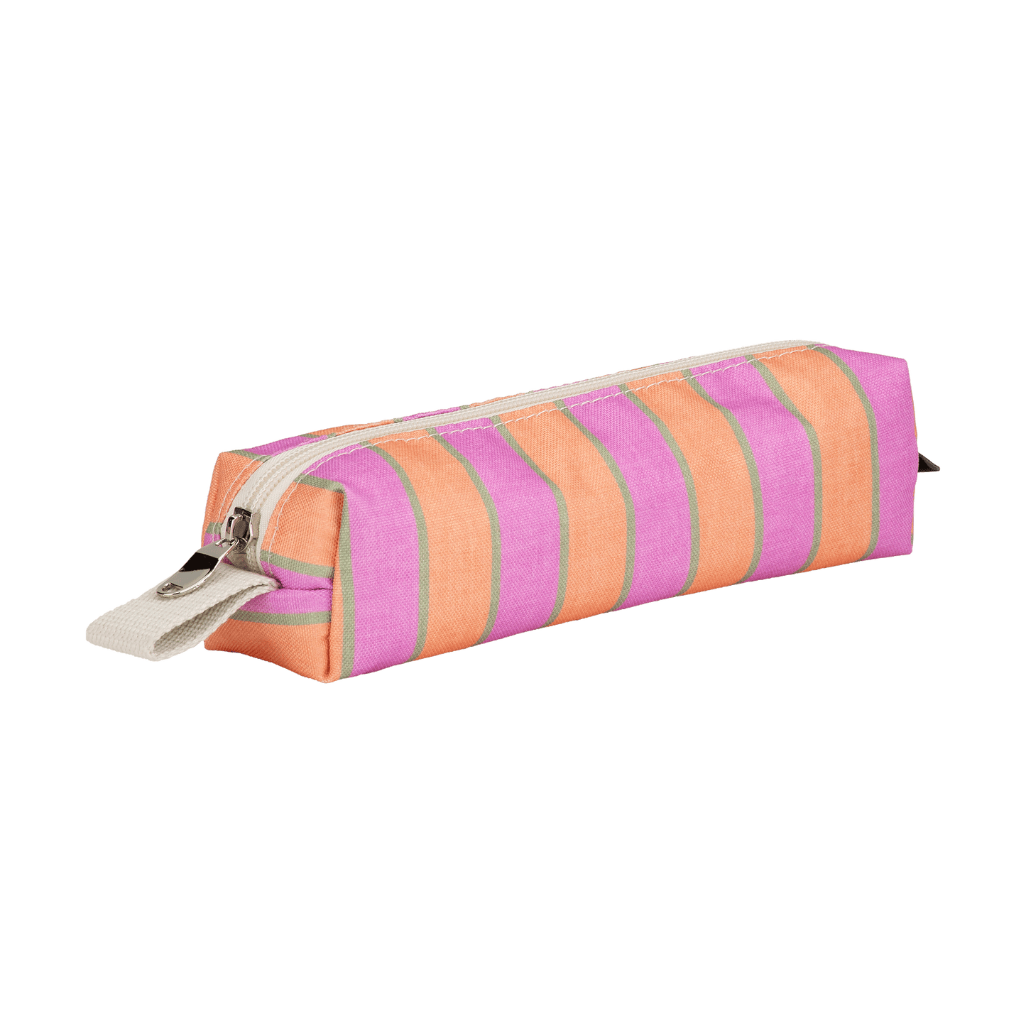 Striped pencil case with a zipper on a white background