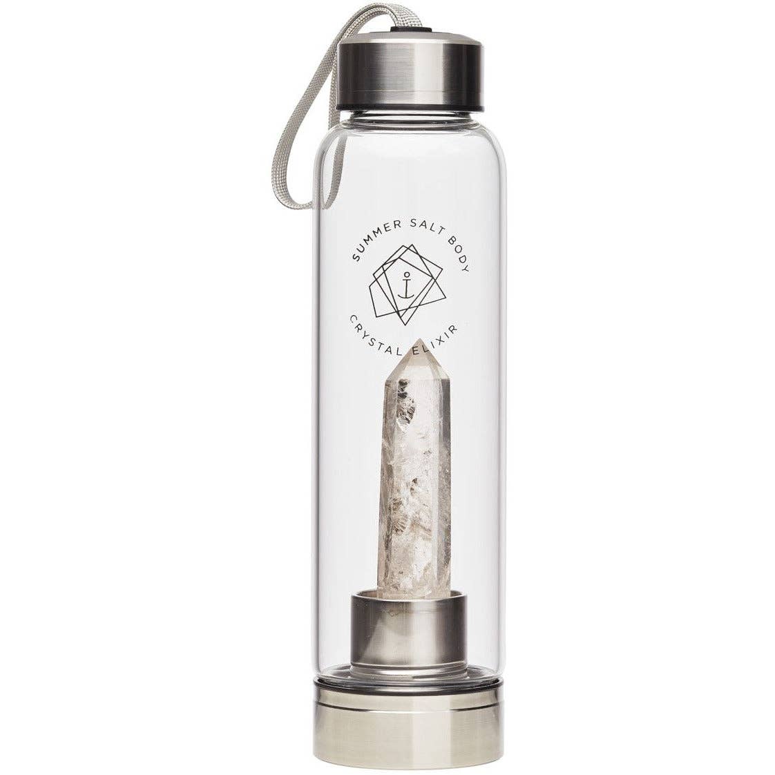 A clear glass water bottle with a silver metal cap and base, featuring a white crystal point insert and a white loop strap. The bottle has black printed text reading 'SUMMER SALT BODY CRYSTAL AIR'.
