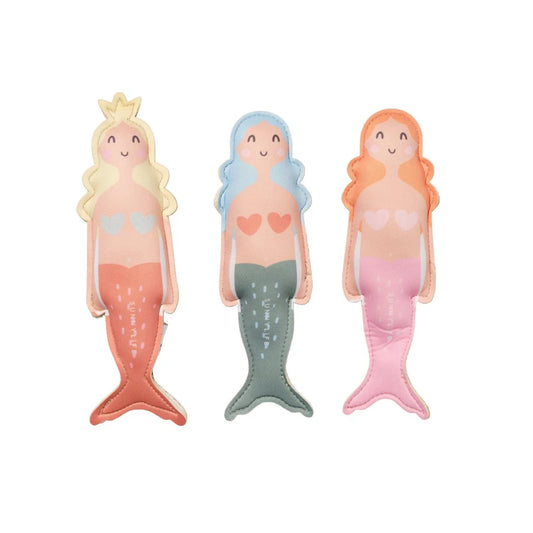 Three mermaid figurines with different colored hair and tails on a white background