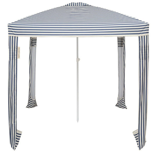 Striped outdoor canopy tent with blue and white stripes on a white background