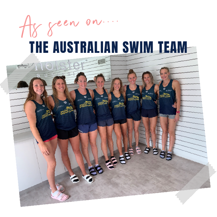 Group of swimmers in matching uniforms standing together, with text indicating they are part of 'The Australian Swim Team'.