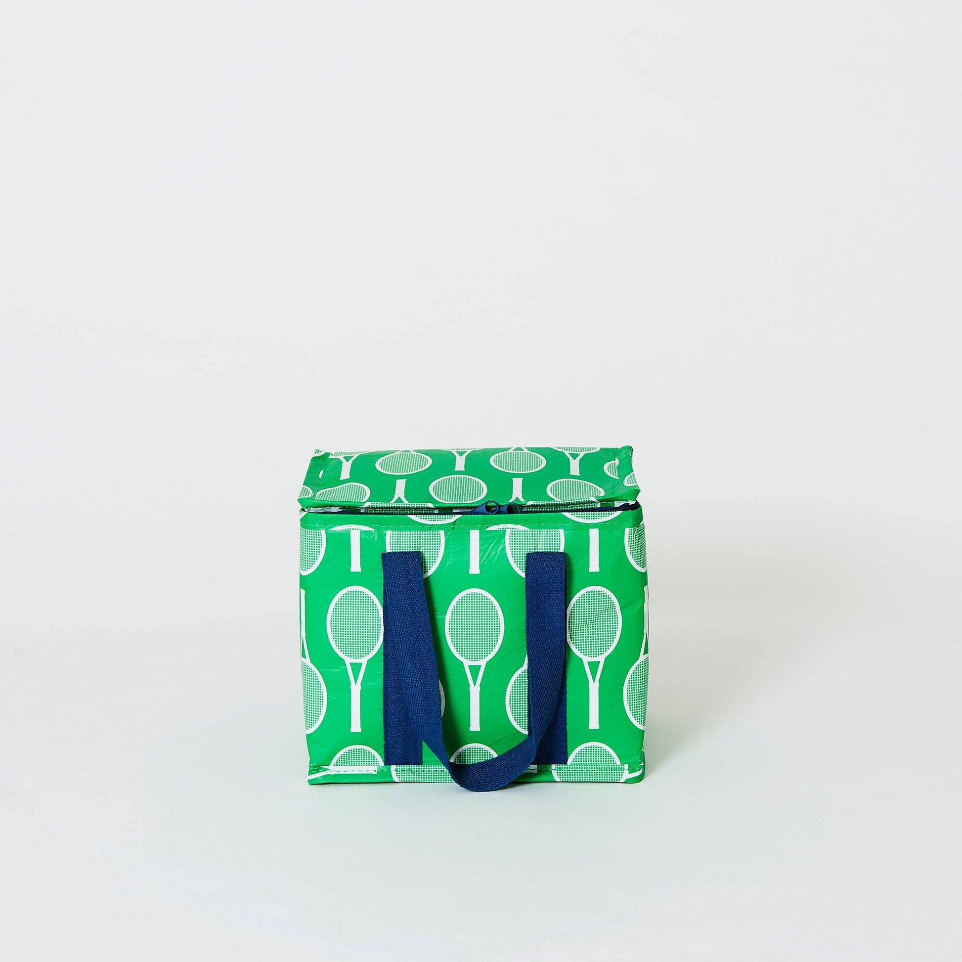 Green bag with tennis racket pattern on a white background