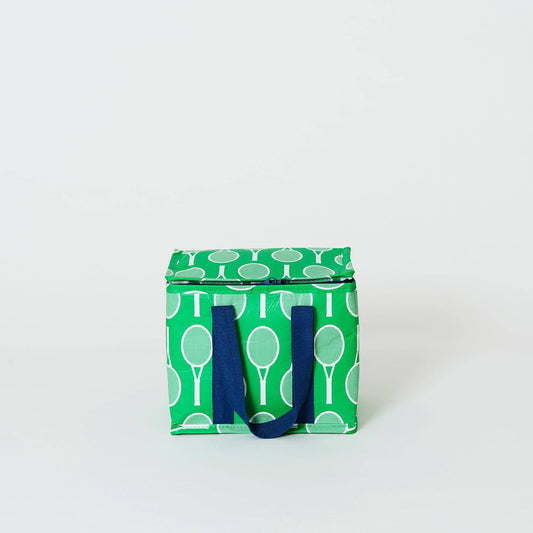 Green bag with tennis racket pattern on a white background