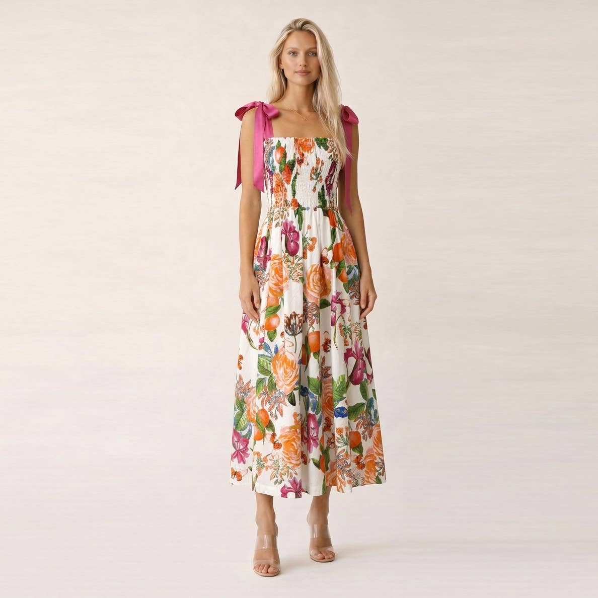 TANGERINE BLOOM Smocked Midi Dress